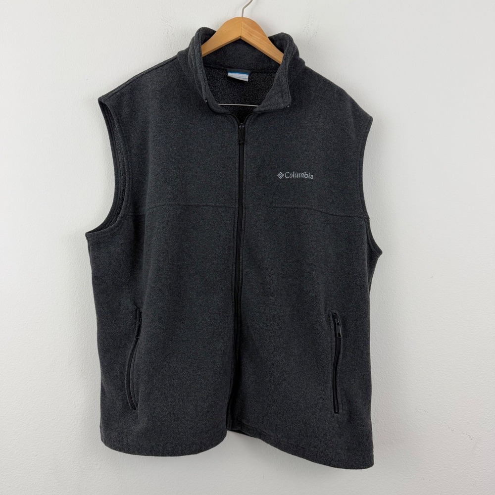 Columbia Mens XL Dark Gray Full Zip Fleece Vest Sleeveless Mock Neck
